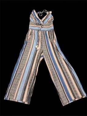 VENUS Striped Halter Wide-Leg Jumpsuit in Blue, Tan and Black